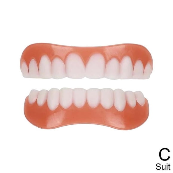 Silicone Artificial False Teeth Veneers, Upper Lower Cosmetic Dentures for Instant Smile Whitening, Reusable Snap On Covers, One Size