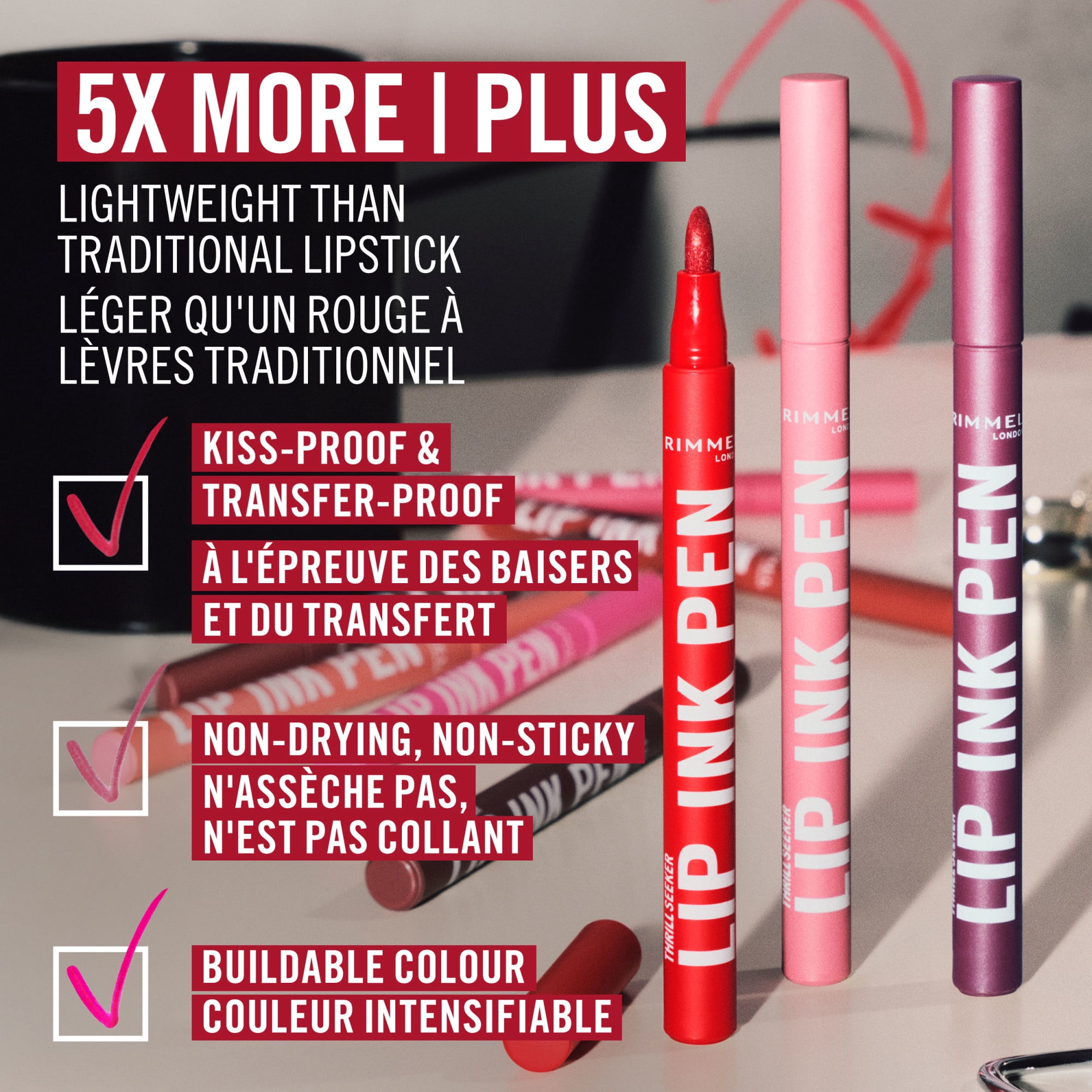 Rimmel Thrill Seeker Lip Ink Pen, rouge à lèvres, applicateur de précision en forme de stylo, tient aux baisers et ne déteint pas, couleur modulable, formule vegan, 1,7 ml