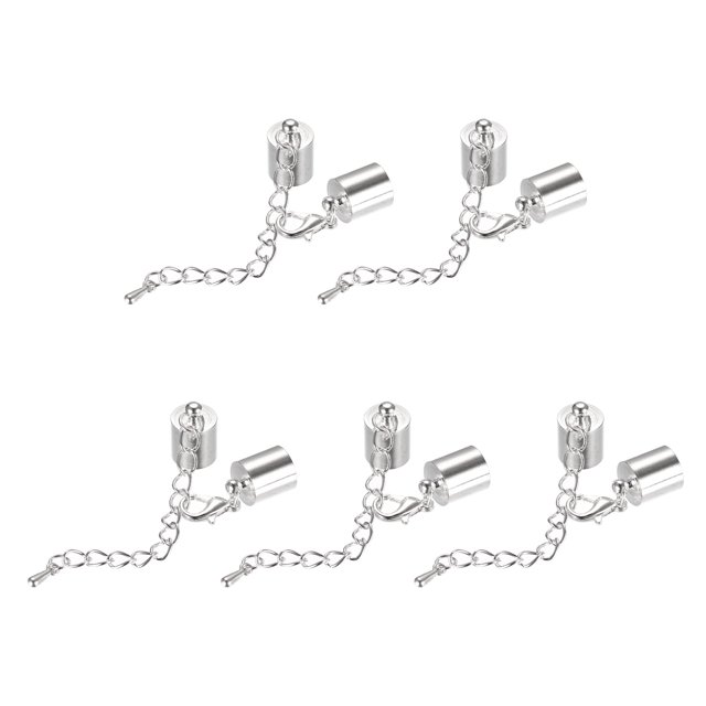 Unique Bargains 10Sets 10mm Leather Cord End Caps with Lobster Clasps & Extender Chain for DIY, Rhodium Tone