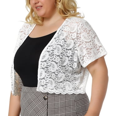 GRACE & GRANDEUR Women's Plus Size Lace Hollow Out Cropped Bolero Shrug Cardigan