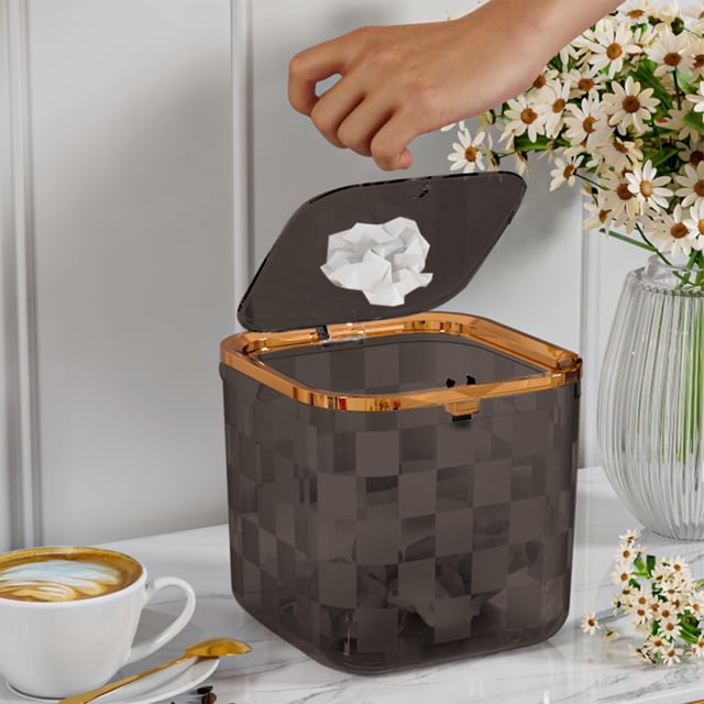 Desktop Small Trash Can with Lid for Office Desk,Bedroom,Kitchen Table,Car,and Study Room Compact Mini Garbage Bin with Non Bottom,Pressure Ring Bag Holder,Durable Plastic Wastebasket for