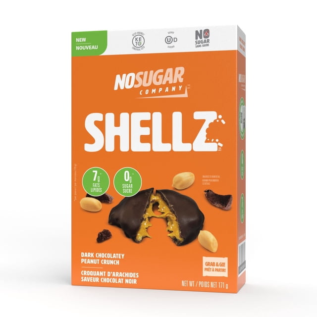 No Sugar, Dark Chocolatey Peanut Crunch Shellz, 171g box with orange packaging showing the brand and product name in white text, featuring a close-up of a dark chocolate coated peanut crunch snack broken in half revealing creamy peanut filling, surrounded by whole peanuts and chocolate pieces, labeled keto-friendly and sugar-free, suitable as a low-calorie on-the-go snack.