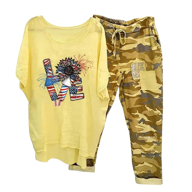 Mikilon Ensemble de Détente Confortable pour Femmes 2 Pcs Imprimé Ensemble de Détente Décontracté Manches Mi-Longues Col Rond Haut + Pantalon Ensemble Jaune-F 3TG