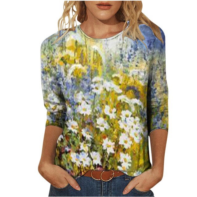 EQWLJWE Blouses à Manches Longues pour Femmes Hauts pour Femmes Liquidation T-shirt Imprimé de Mode pour Femmes Blouse à Manches 3/4 Col Rond Hauts Décontractés