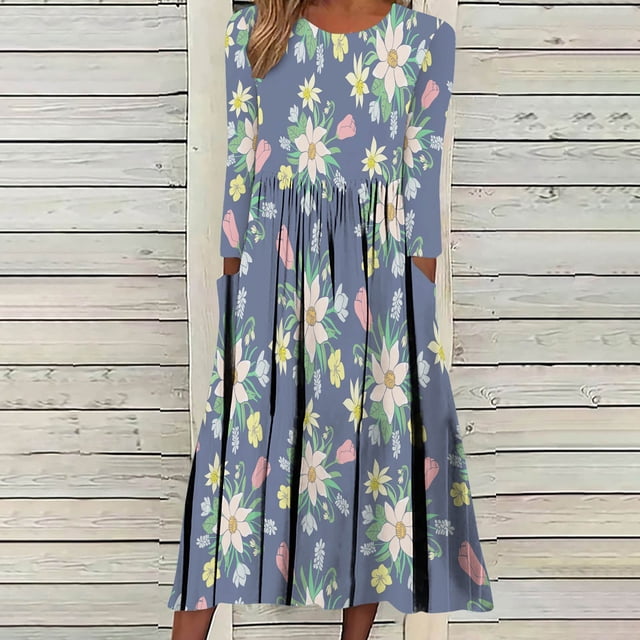 Vendredi Fou TIMIFIS Robe maxi d'Automne pour Femmes à Manches Longues, Col en V et Coupe Ample Décontractée avec Poches. la Robe Présente un Imprimé floral sur un Fond Bleu, Idéale pour les Robes Décontractées, la Mode pour Femmes et le Port Quotidien. Fabriquée en polyester, Elle Est Confortable et durable pour les Saisons de Printemps, d'Automne et d'Hiver.