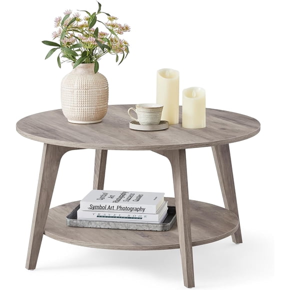 VASAGLE Round Coffee Table, 2 Tier Coffee Table with Storage, for Living Room, 31.5 x 17.7 Inches, Easy to Assemble, Heather Greige