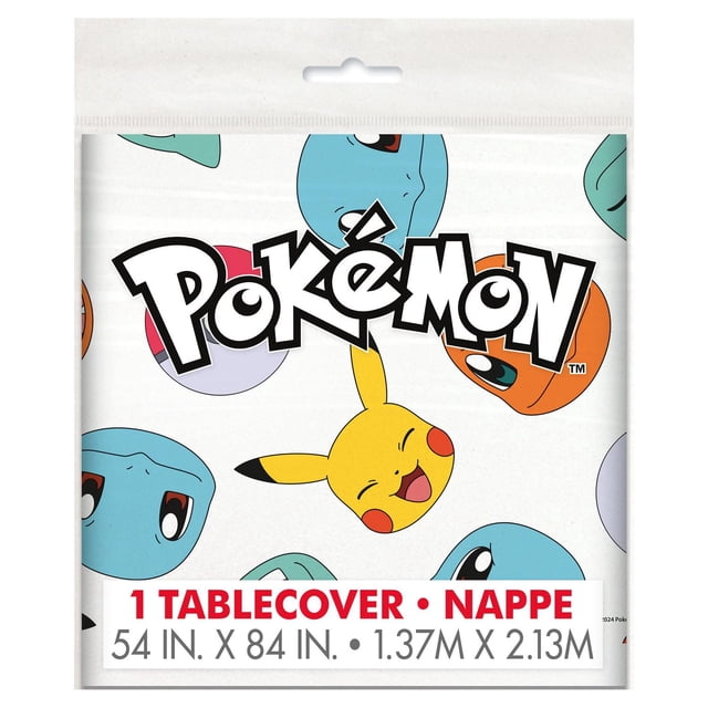 Pokémon Rectangular Plastic Table Cover waterproof 54 x 84 in (137 x 214 cm) short-fold, Pokémon-themed printed tablecover laid flat on a banquet table; disposable for quick cleanup yet wipe-clean reusable, suitable for parties, picnics and classroom events and often used as a craft or food prep surface.