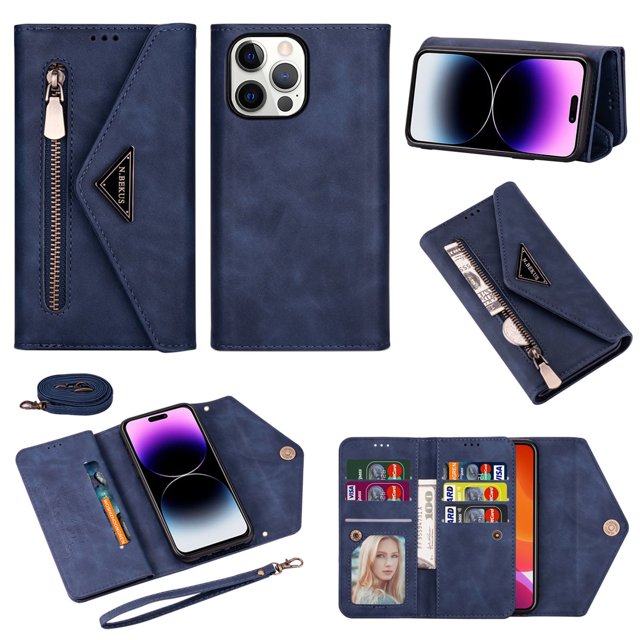 For iPhone 13 Pro Wallet Case,Women/Men A Multi-Card Slot Card Holder Premium Folio Flip Leather Protective Zipper Pocket Purse Wallet Case With Hand Strap and Shoulder Strap Case