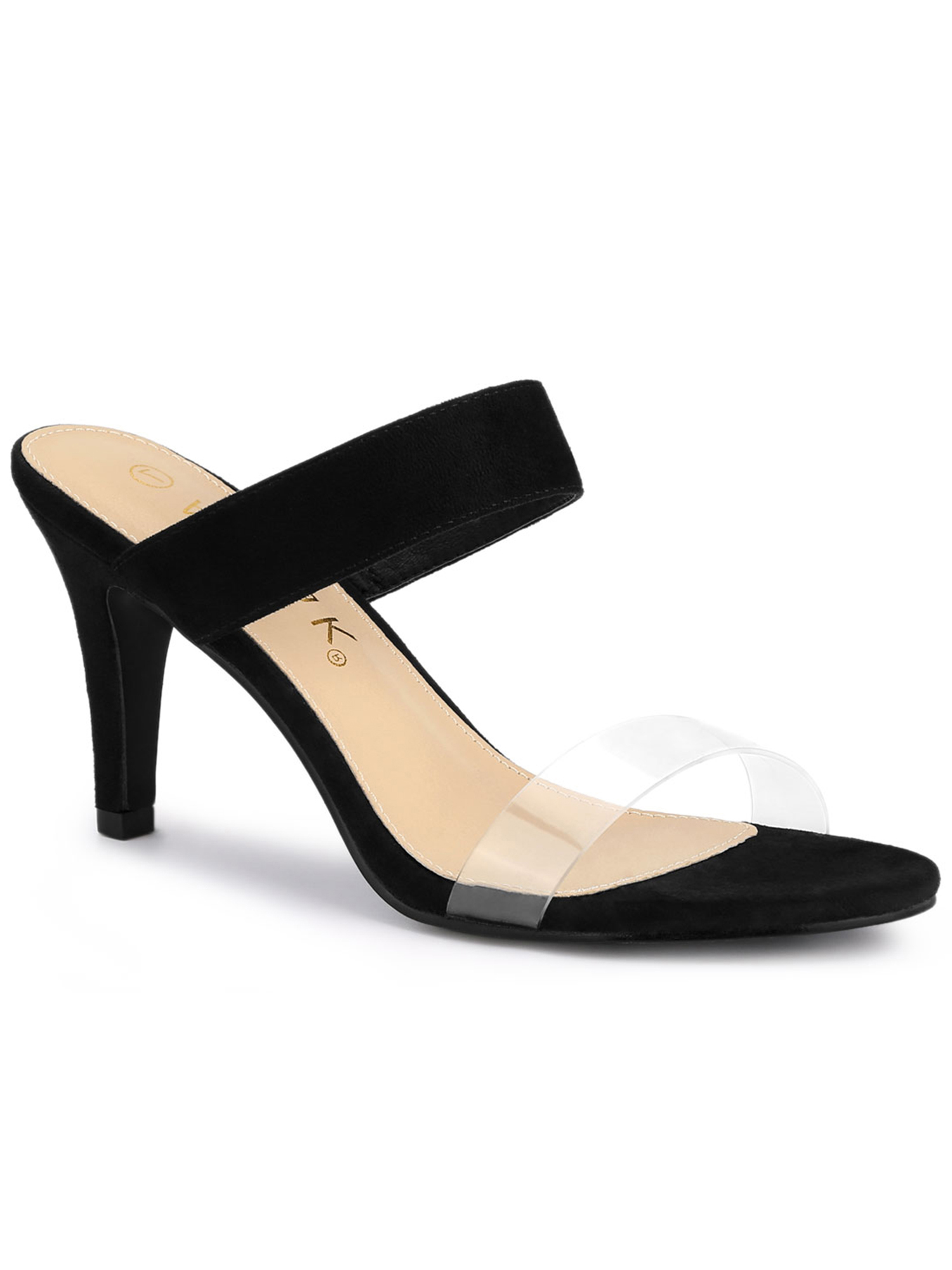 BLISSFUL STEP Women's Sandals Stiletto Heels Clear Strap High Heels Slides Sandals Black 9