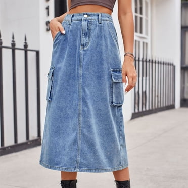 Favori des Clientes, Jupe-Robe en Denim pour Femmes de Printemps et d'Été avec Poches, Jupe Décontractée Mi-Longue, Parfaite pour le Quotidien par Temps Chaud Tenue Décontractée/75 % Rayonne, 25 % Polyester, Bleu, Sopatenor