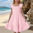 thumbnail image 2 of Yanlir Robe d'Été pour Filles, Couleur Unie, Manches Courtes, Col Ras du Cou, Taille Élastique, avec Poches, Décontractée et Confortable, Robe en Mélange de Coton pour Enfants (Rose, 7 Ans), 2 of 8