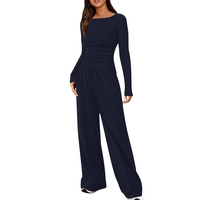 Timegard Womens Going out Sets 2 Piece Fall Casual Slim Long Sleeve Tops Wide Leg Pants Solid Color Sets