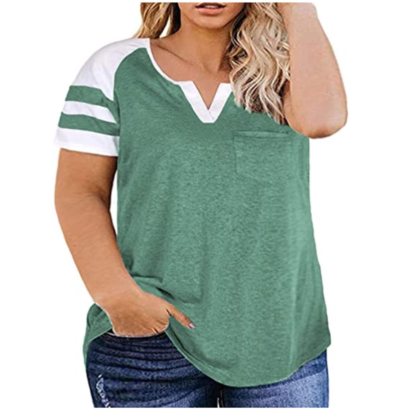 Summer Plus Size Womens Short Sleeve Tops Women‘s Plus-Size Tops For Women Summer V Neck T Shirts Color Block Raglan Tees V Neck Tshirt Women on Clearance