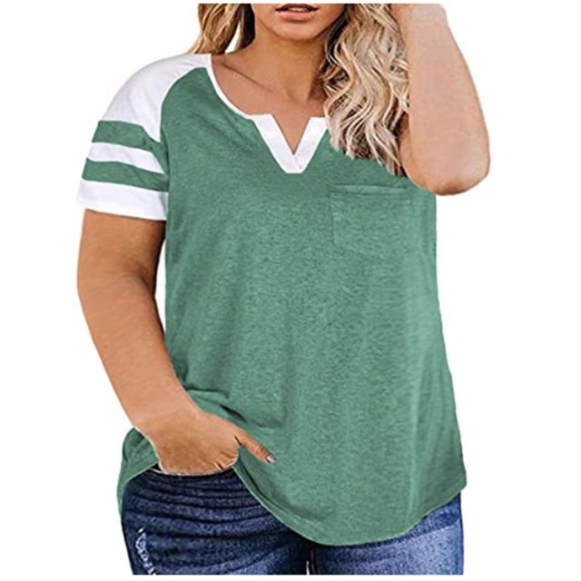 Summer Plus Size Ladies Summer Tops Clearance Women‘s Plus-Size Tops For Women Summer V Neck T Shirts Color Block Raglan Tees V Neck Tshirt Women on Clearance