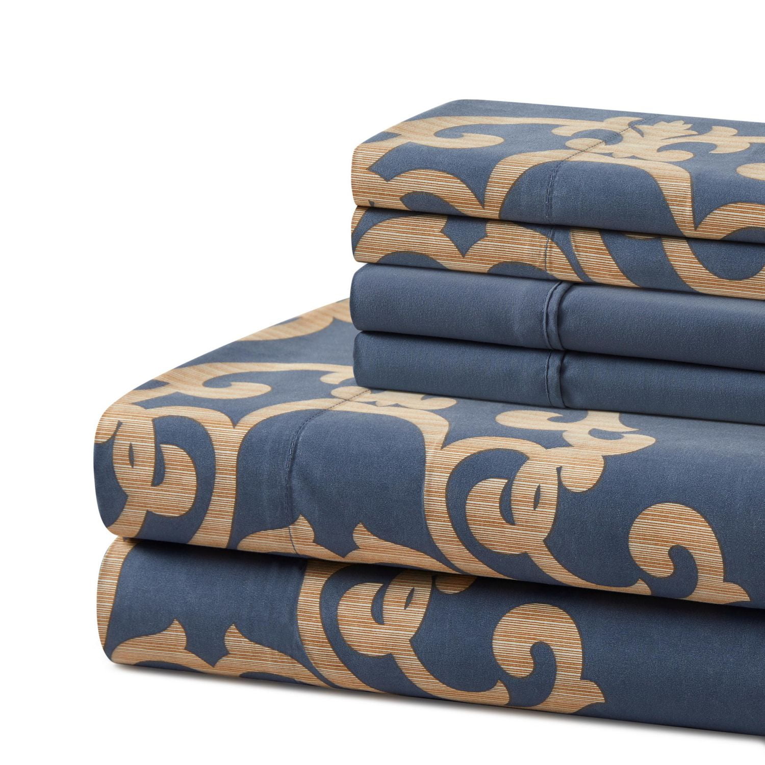 Literie Marina Décoration ultra douce et soyeuse, riche en soie et en rayonne de bambou, toutes saisons, avec taies d'oreiller, motif damassé doré et bleu marine
