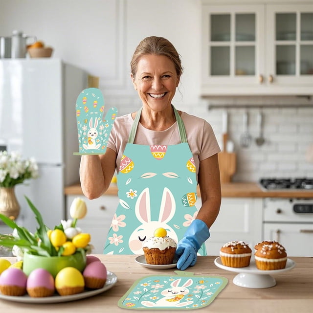 TIMIFIS Polyester Apron, Easter Cooking Apron Insulated Mitts Insulated Pads Three Piece Set Suspender Apron Kitchen Cooking Apron Bbq Apron Holiday Decorative Sleeveless Apron Home Decor