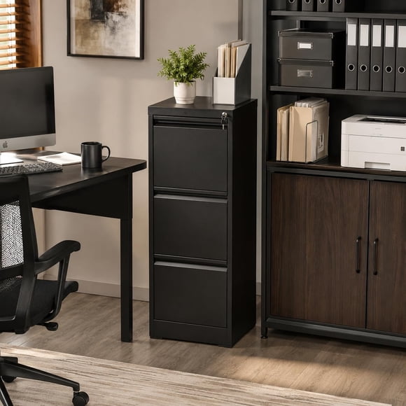 EDTara Classeur Métallique à 3 Tiroirs avec Serrure, Armoire de Rangement Compacte pour Bureau pour l'Organisation des Dossiers Lettre Légal et A4, Tiroirs en Acier à Glissement Fluide pour la Maison Ou le Bureau