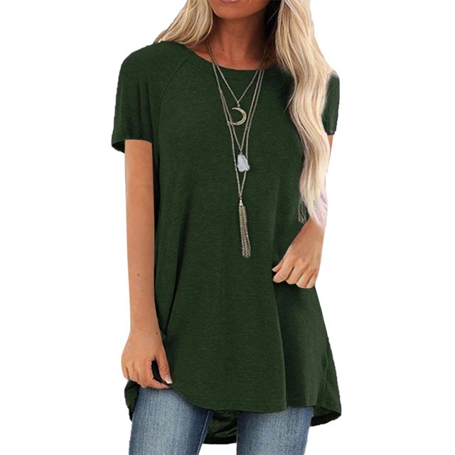 LUXUR T-Shirt pour Femme à Manches Courtes T-Shirt Haut Uni Blouse Décontractée Col Rond Vert 2TG