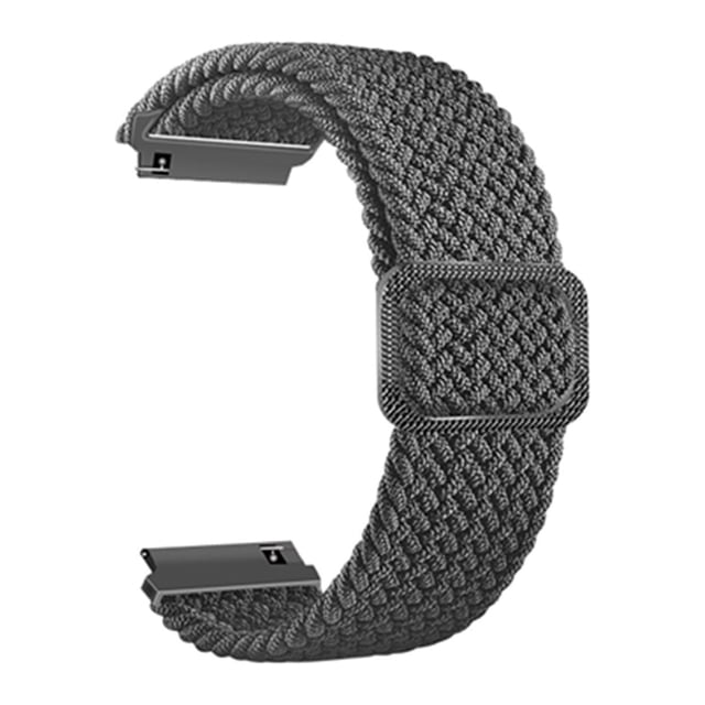 EGNMCR stretchy loop traps nylon woven elastic watch band designed for Realme 2 and 2 Pro smartwatches. This smartwatch accessory features durable, skin-friendly, and breathable nylon material with a stretchable design for easy slip-on wear. It fits wrists from 5.2 to 8.5 inches and includes a stainless steel snap clasp for secure installation. The textured woven pattern is visible, and the band is shown in a neutral dark colour.