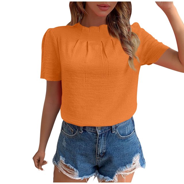 hotojiny Spring Tops for Women Solid Color Crew Neck Loose Blouse Lightweight Textured Puff Short Sleeve Back Keyhole Shirt Beach Vacation Clothes for Women