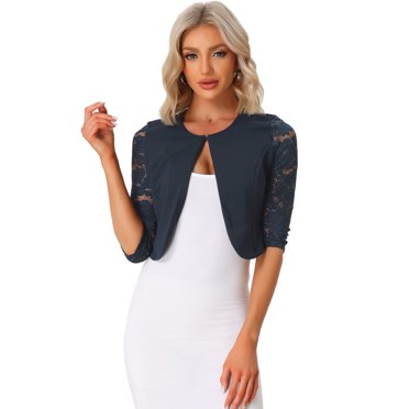 INSPIRE CHIC Boléro Fleuri en Dentelle pour Femme, Manches 3/4, Ouvert sur le devant, Idéal pour le Travail Ou le Bureau, Taille TP, Bleu Foncé.