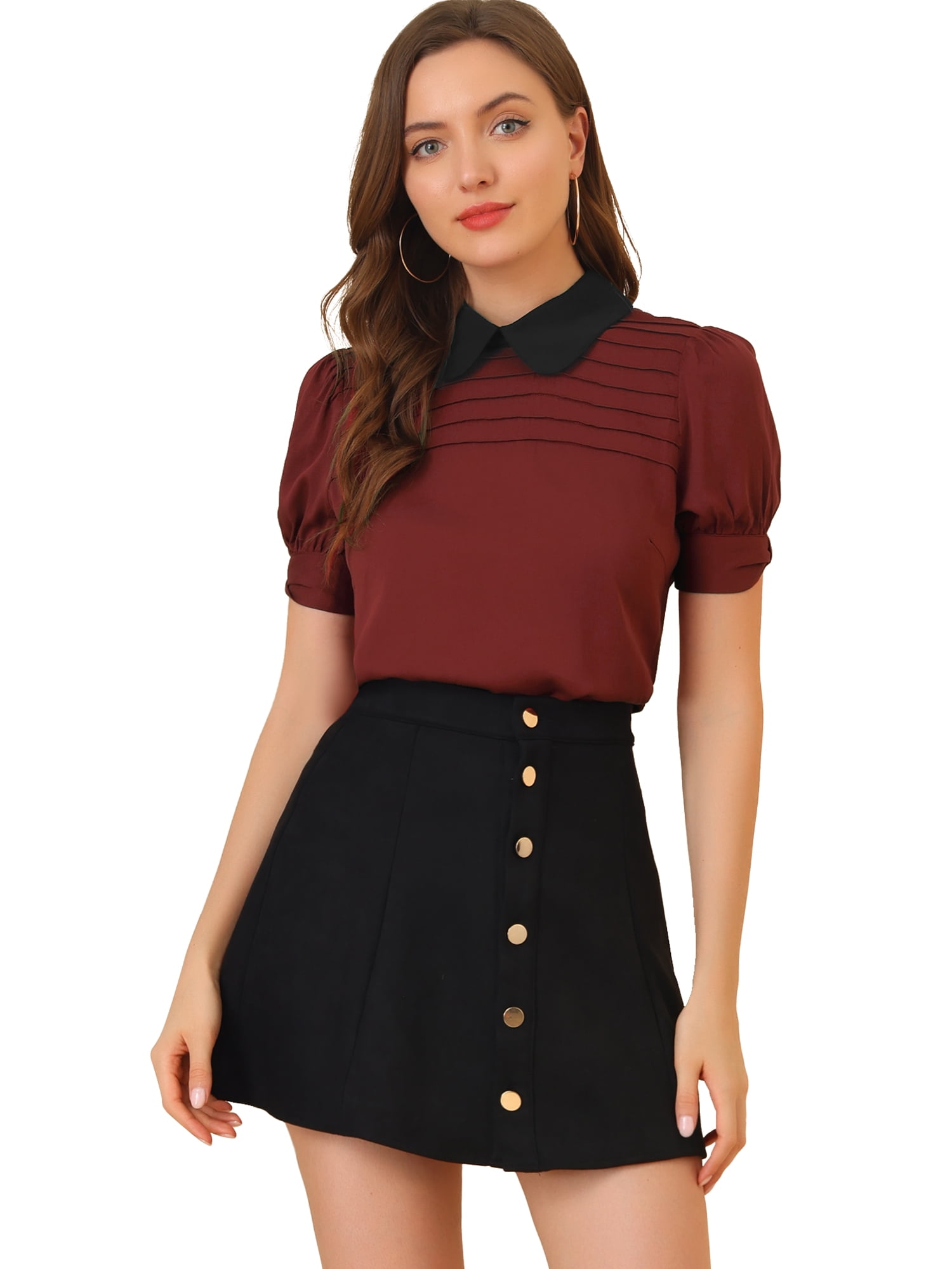 INSPIRE CHIC Women's Peter Pan Collar Puff Short Sleeve Tops