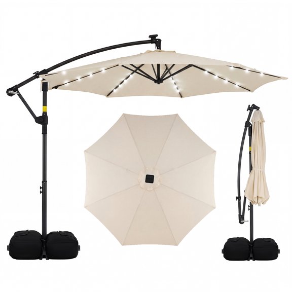 Costway 10 FT Solar Offset Hanging Umbrella Patio Cantilever Umbrella with 32 LED Lights Beige