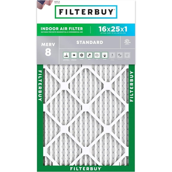 Filterbuy 16x25x1 Air Filter MERV 8 Dust Defense, HVAC AC Furnace Air Filters Replacement (1-Pack)