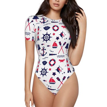 Vsdgher Sailing Marine Travel Prinr Short Sleeve Body suit for Womens, Sexy Onesie One Piece Round Neck Bodysuit Shapewear Tummy Control-Small