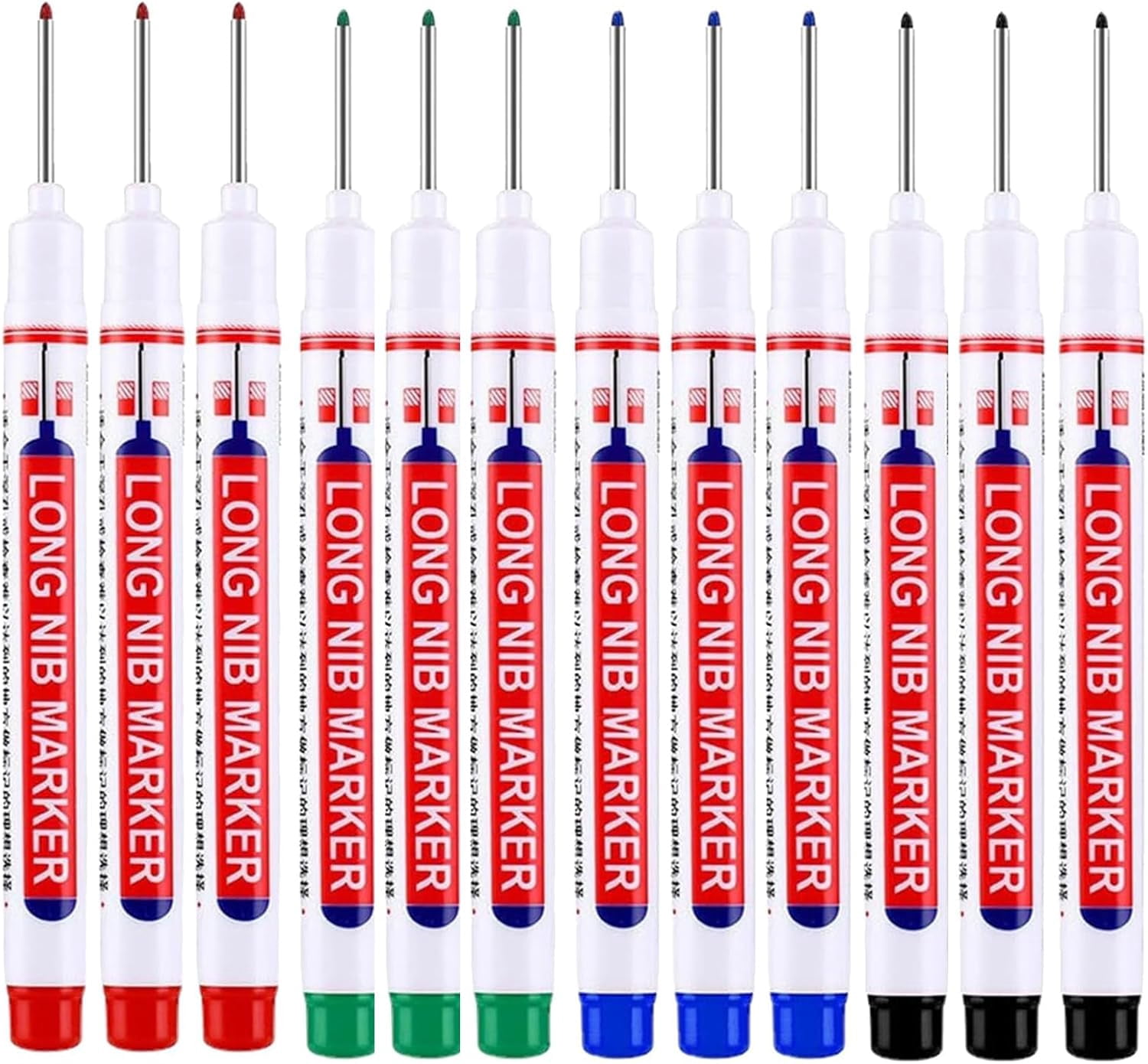 12 Pcs Long Nib Marker Pen Waterproof Construction Marker Pens Deep Hole Markerhole Marker Spray Pen Colorful Marking Carpenter for Carpenters Builders Construction(Black/Blue/Red/Green)