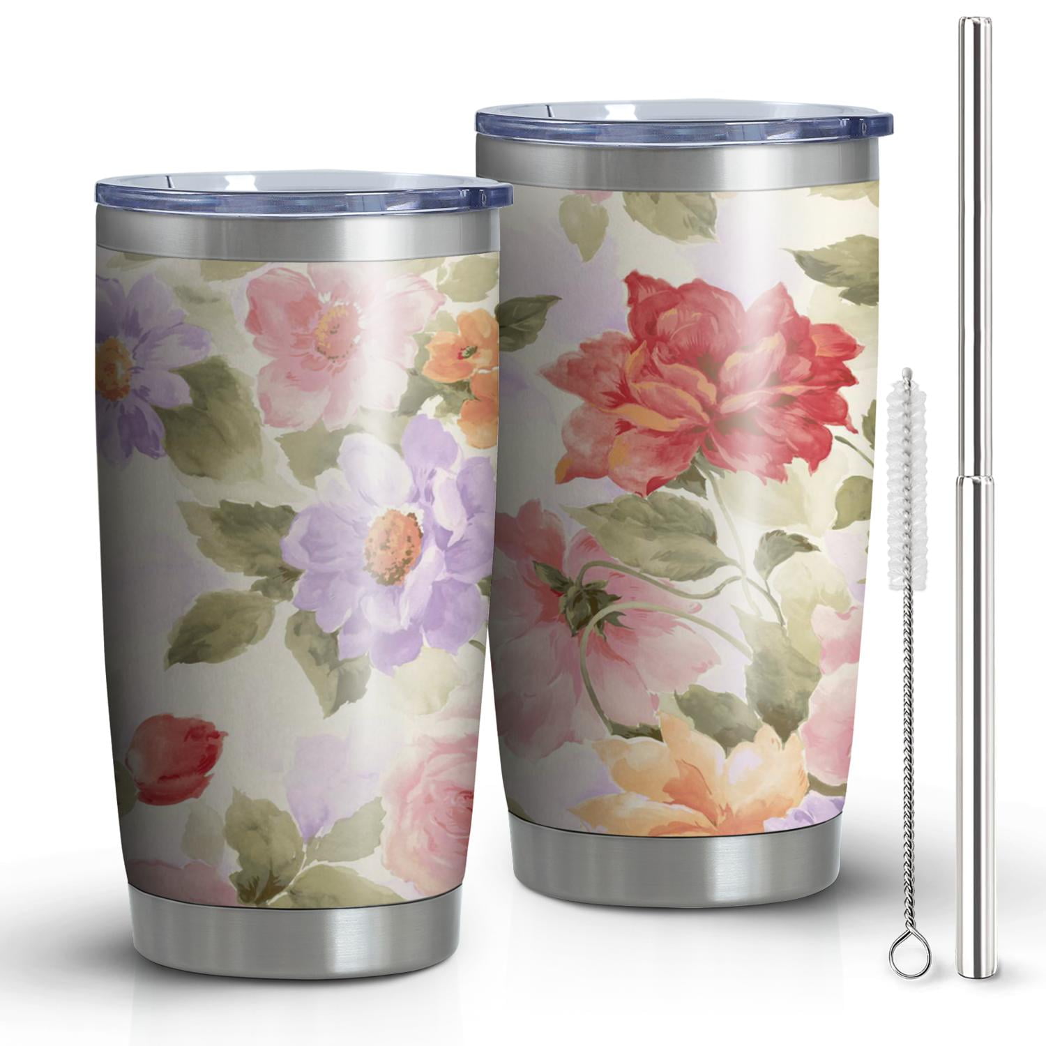 Gobelet 20oz avec Couvercle et Paille en Acier Inoxydable Rose Fleurs Roses Gobelet Isolé sous Vide pour Eau Café, Double Paroi Gobelet de Voyage Réutilisable pour Boissons Chaudes