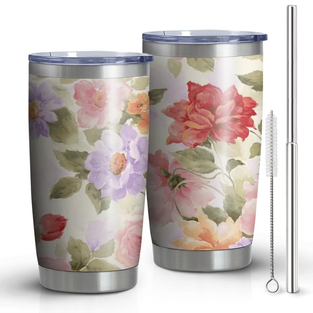 Gobelet 20oz avec Couvercle et Paille en Acier Inoxydable Rose Fleurs Roses Gobelet Isolé sous Vide pour Eau Café, Double Paroi Gobelet de Voyage Réutilisable pour Boissons Chaudes