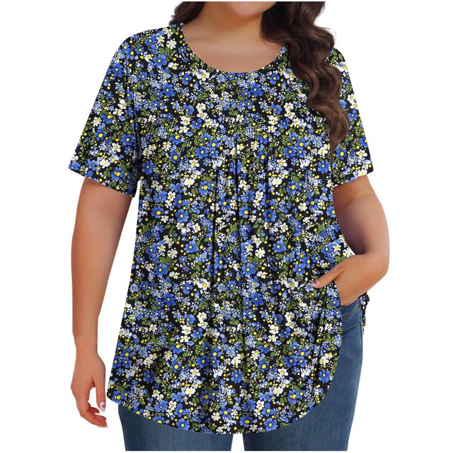 Pisexur Hauts de Printemps pour Femmes Blouses pour Femmes Chic Décontracté Mode pour Femmes Imprimé Col Rond Manches Courtes Plissé Ample Haut Multicolore,4TG