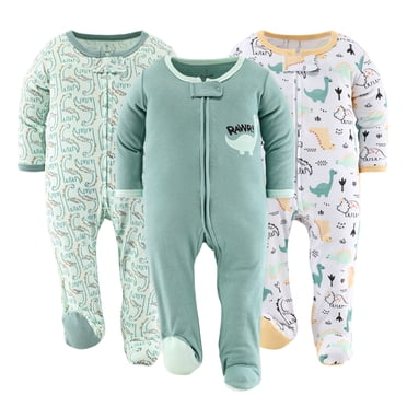 The Peanutshell Dormeuses pour Bébé à Pieds Vertes Dino pour Garçons Ou Filles, Lot de 3, 6-9 Mois
