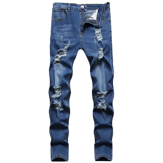 Kmbangi Men Casual Jeans+Solid Color Long Trousers with Broken Holes