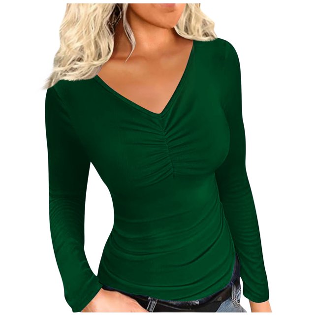 FAIWAD Hauts à Manches Longues pour Femmes Col en V Ajusté Extensible Tendance Couleur Unie Chandail