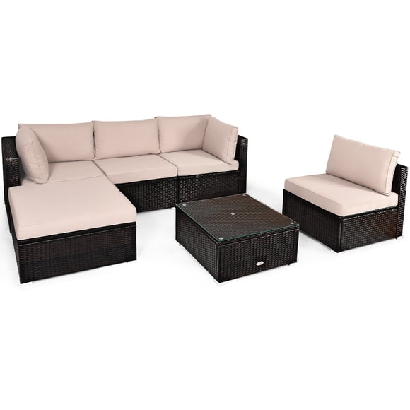 Patiojoy Ensemble de Meubles en Rotin pour Patio 6 Pcs Ensemble de Canapé Sectionnel d'Extérieur avec Table à Café et Ottoman Brun