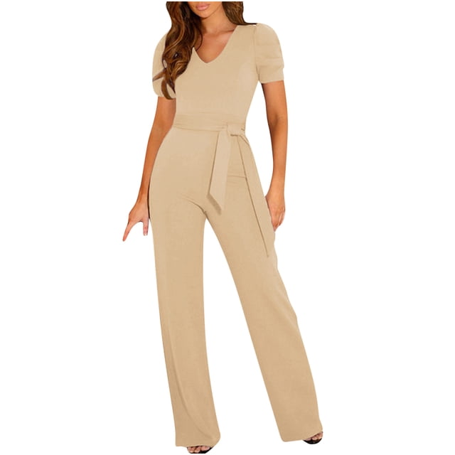 Combinaisons à Manches Courtes pour Femmes, Col en V, Taille Haute, Ceinturées, Élégantes, Jambes Larges, Combinaisons/rompers pour le Travail Décontracté