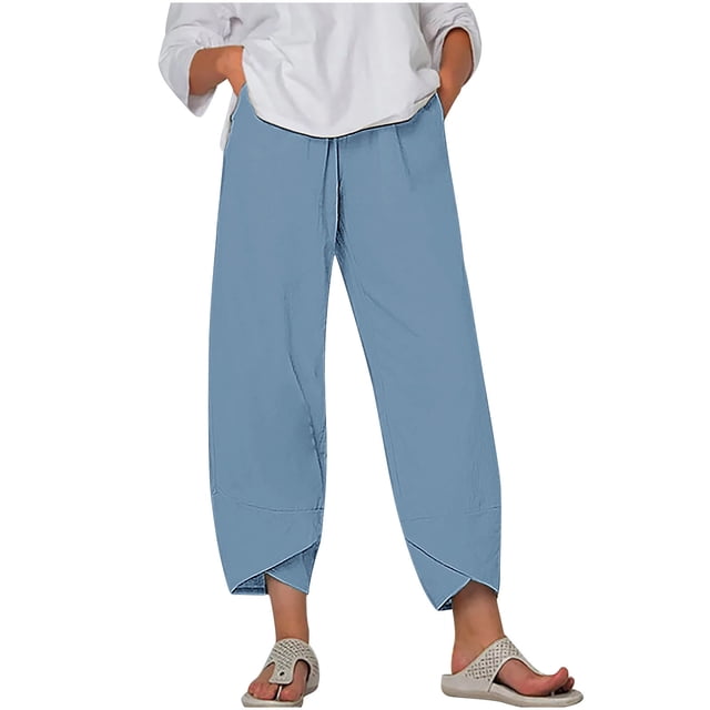 Timegard Plus Size Pants for Women Elastic Waist Solid Color Comfy Fall Casual Crop Pants with Pockets
