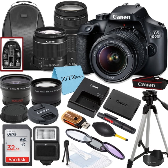 Canon EOS Rebel T100 / 4000D DSLR Camera with 18-55mm, 75-300mm Lens, SanDisk 32GB Memory, Tripod, Backpack and ZeeTech Bundle