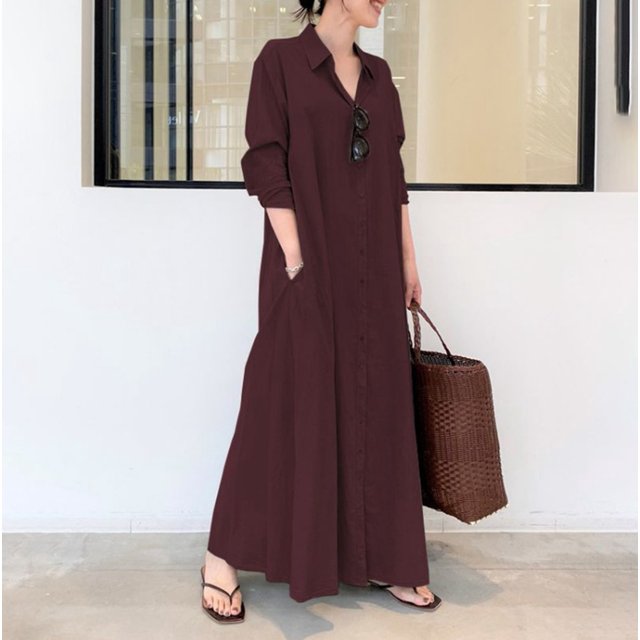 Bramtres Robes Maxi, Robes de Vacances, Robe Chemise Longue Décontractée pour Femme en Coton et Lin à Boutons avec Poches, Longues Robes, Robe à Manches Longues, Robes Modestes, Robe Rouge, G