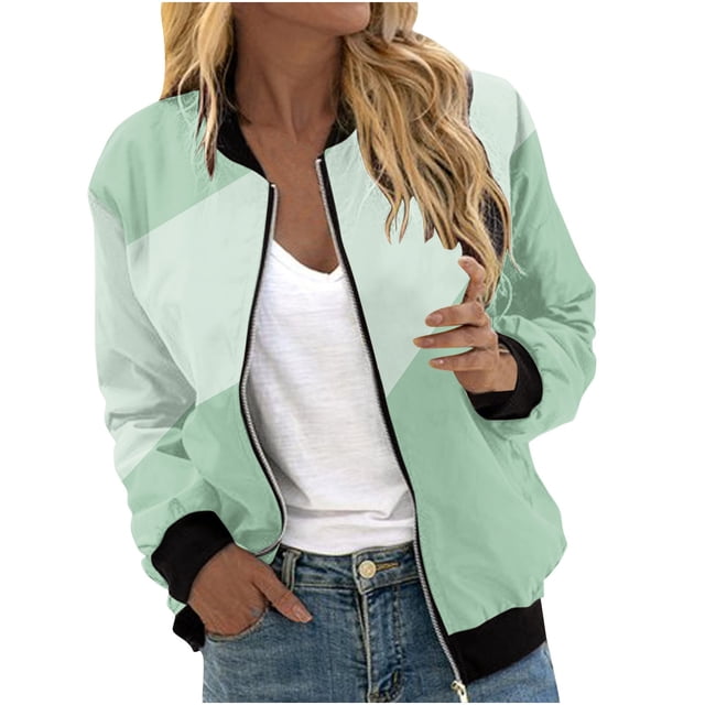 Atogsazn Blouson Bomber à Fermeture à Glissière pour Femme Décontracté à Manches Longues Coupe-Vent Vestes Manteau Hauts Chemisier Vêtement d'Extérieur avec Poche 01-Vert G Mode
