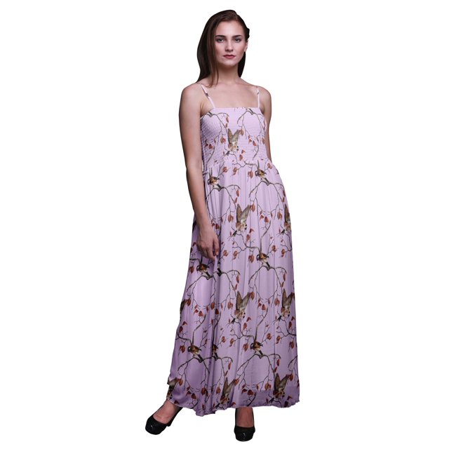 Bimba Robe à Bretelles Smockée en Georgette Imprimée Feuilles Sèches et Chardonneret Doré pour Femmes - Très Petit