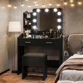 thumbnail image 3 of Vanity Desk with Mirror & Lights, Makeup Table with Charging Station, 3-Color LED, Hairdryer Holder & Storage Shelves, Includes Stool, 3 of 8