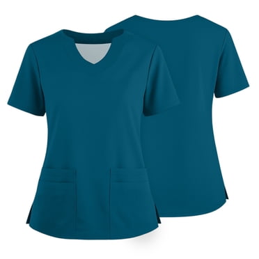 Ktyne Scrubs for Women Vneck Medical Scrub Tops Short Sleeve Stretch Nurse Work Uniform Shirts Fashion Scrub Tops with Pockets Cyan S