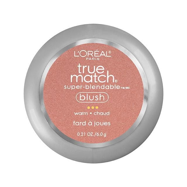 L'Oréal Paris True Match™ Blush, 6 g, in a round silver compact with a warm-toned powder blush labeled 'super-blendable' and 'warm' shade, designed for natural cheek makeup and complexion brightening.