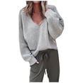 thumbnail image 2 of EGNMCR Chandails pour Femmes Mode Col en V Chandail Ample Manches Longues Hauts, 2 of 3