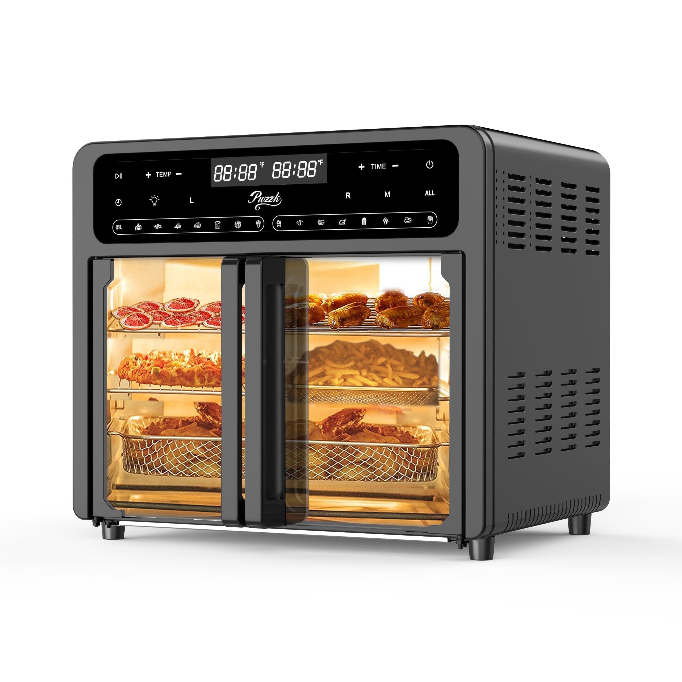 PwZzk 24L Dual Zone Air Fryer Oven with French Glass Door, 16 Presets, 360° Heat Circulation, LED Display, Rotisserie