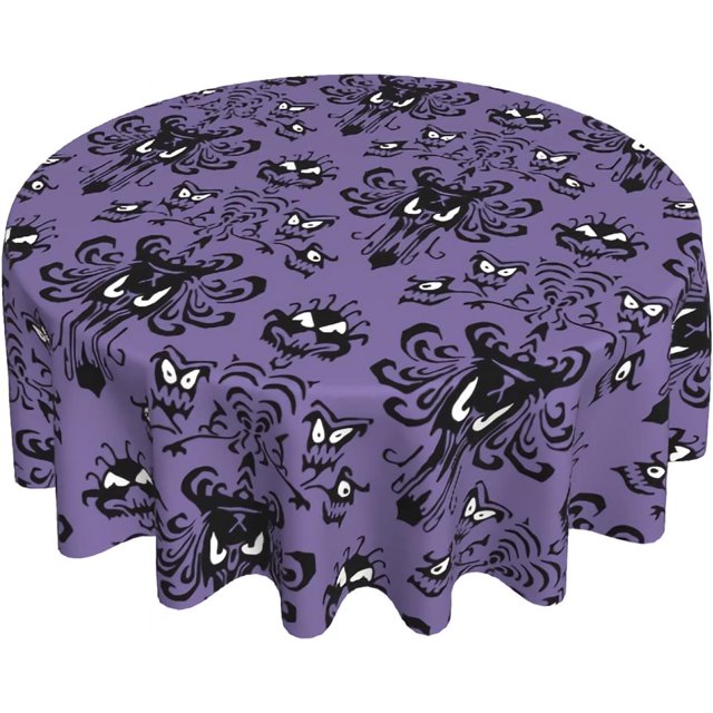 Purple Halloween Tablecloth Round 60 Inch Black Haunted Mansion Ghost Decorative Table Cloth with Wrinkle Resistant for Halloween Home Kitchen Dining Table Patio Outdoor Party Picnic