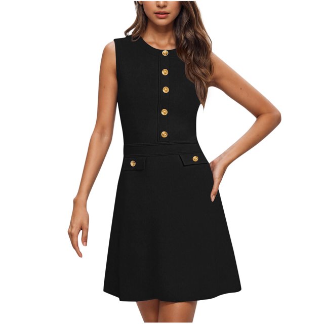 Liquidation d'Été 2025! Robe pour Femme Grande Taille, Liquidation de Robes d'Été pour Femmes, Robe de Travail pour Femme Unie à Col Rond Sans Manches avec Boutons Décoratifs, Coupe Ajustée